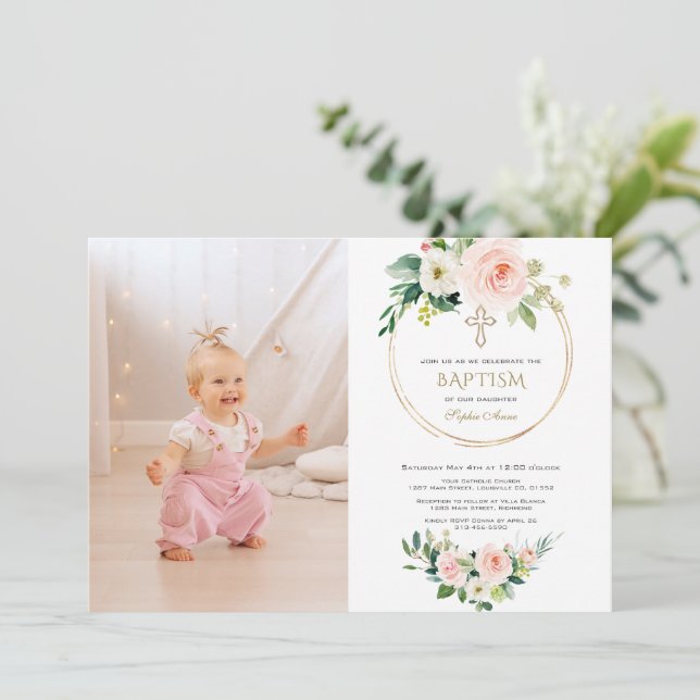 Invitación Charm Rubor Pink Floral Gold Chica Foto Bautismo (Anverso de pie)