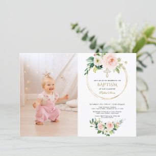 Invitación Charm Rubor Pink Floral Gold Chica Foto Bautismo