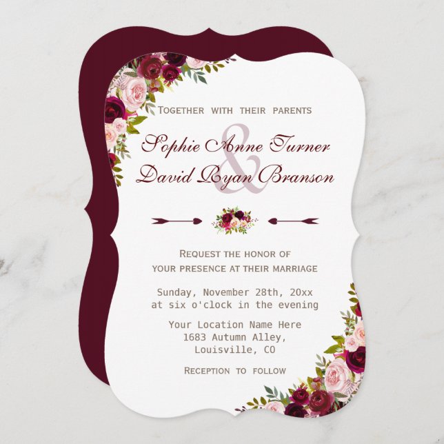 Invitación Charm Rustic Burgundy Marsala Boda Floral (Anverso / Reverso)