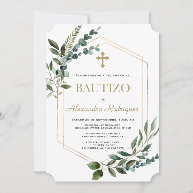 Invitación Charm Spanish Bautizo Greenery Gold Boy Baptism (Anverso)