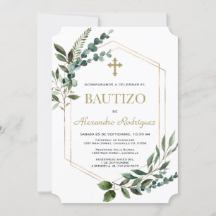 Invitación Charm Spanish Bautizo Greenery Gold Boy Baptism