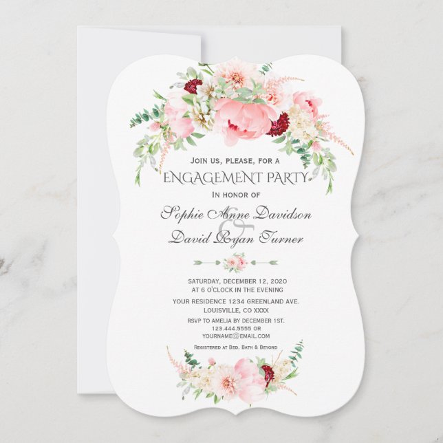 Invitación Charm Spring Watercolor Peonies Bloom Engagement (Anverso)