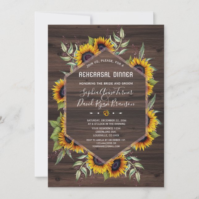 Invitación Charm Sunflower Geometric Wood Rehearner Dinner (Anverso)