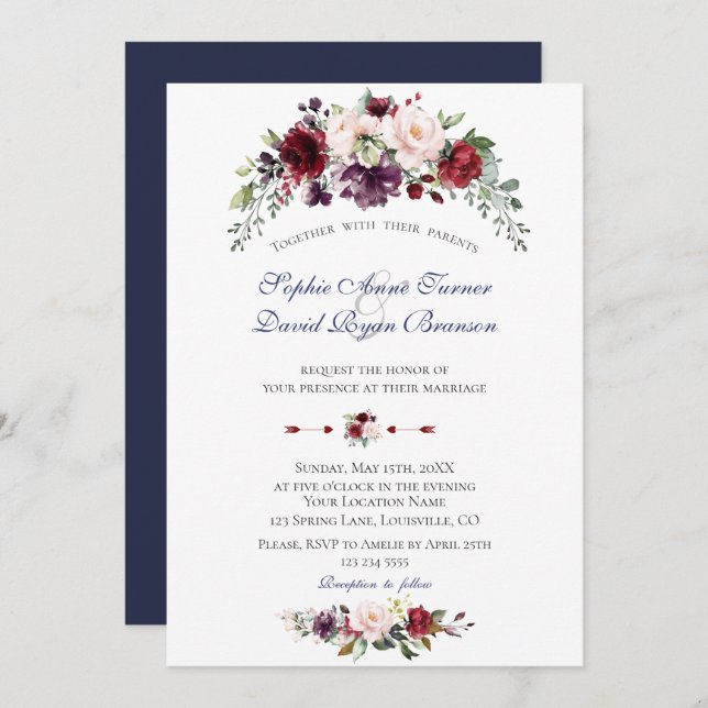 Invitación Charm Watercolor Burgundy Rubor Flowers Boda (Anverso / Reverso)