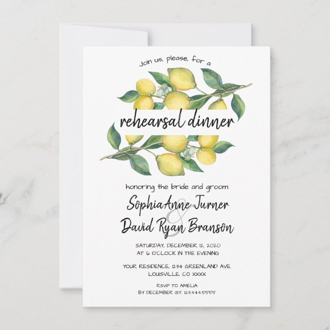 Invitación Charm Watercolor Limón Ensayo Tropical Cena (Anverso)