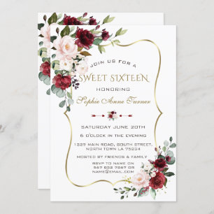 Invitación Charm Watercolor Rubor Floral Gold Frame Sweet 16