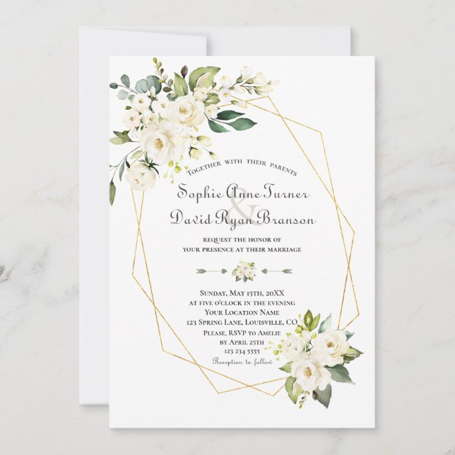 Invitación Charm White Cream Flowers Gold Frame Boda (Anverso)