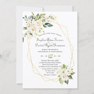 Invitación Charm White Cream Flowers Gold Frame Boda