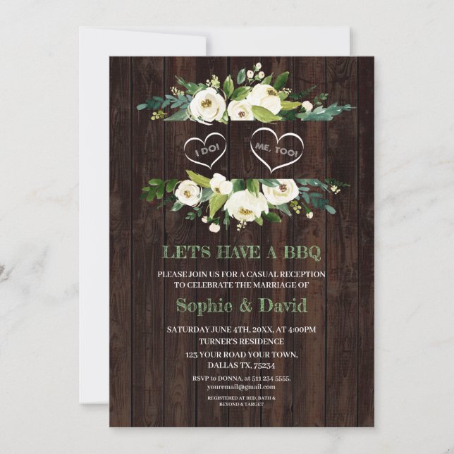 Invitación Charm White Floral Frame Barn I DO BBQ (Anverso)