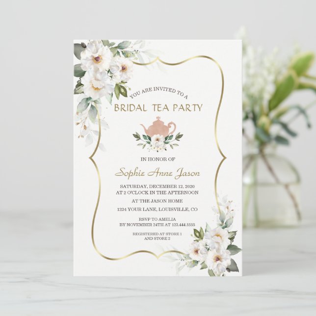 Invitación Charm White Floral Gold Bridal Shower Tea Fiesta (Anverso de pie)