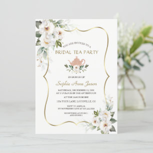 Invitación Charm White Floral Gold Bridal Shower Tea Fiesta