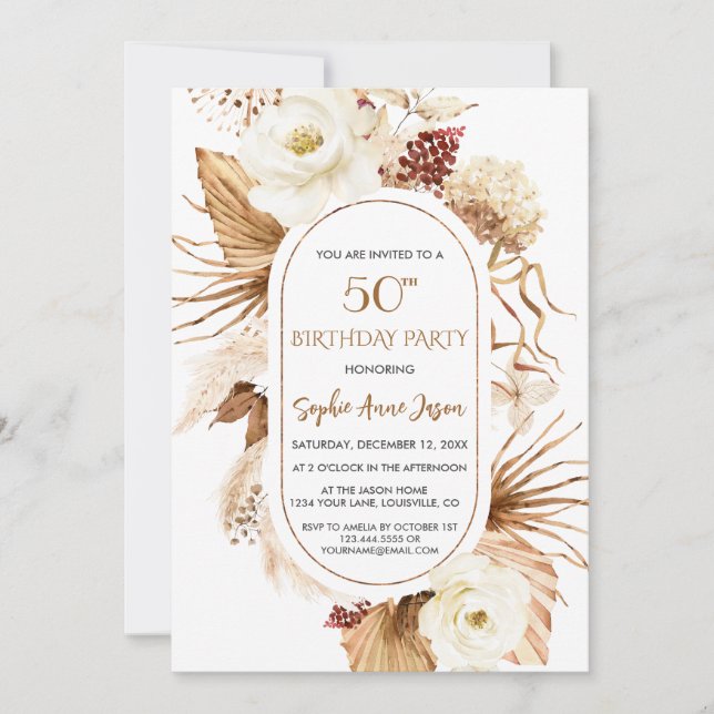 Invitación Charm White Floral Pampas Palm 50 cumpleaños (Anverso)