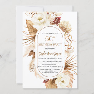 Invitación Charm White Floral Pampas Palm 50 cumpleaños