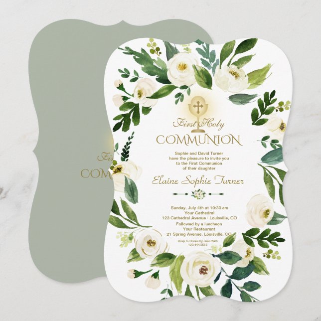 Invitación Charm White Floral Wreath Cross Santa Comunión (Anverso / Reverso)