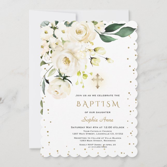Invitación Charm White Flowers Gold Cruz Baptismo Chica (Anverso)