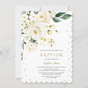 Invitación Charm White Flowers Gold Cruz Baptismo Chica
