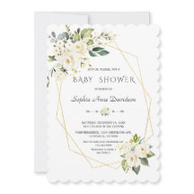 Charm White Flowers Gold Frame Baby Shower