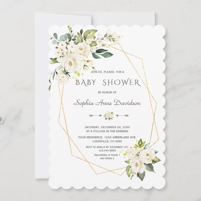 Invitación Charm White Flowers Gold Frame Baby Shower (Anverso)