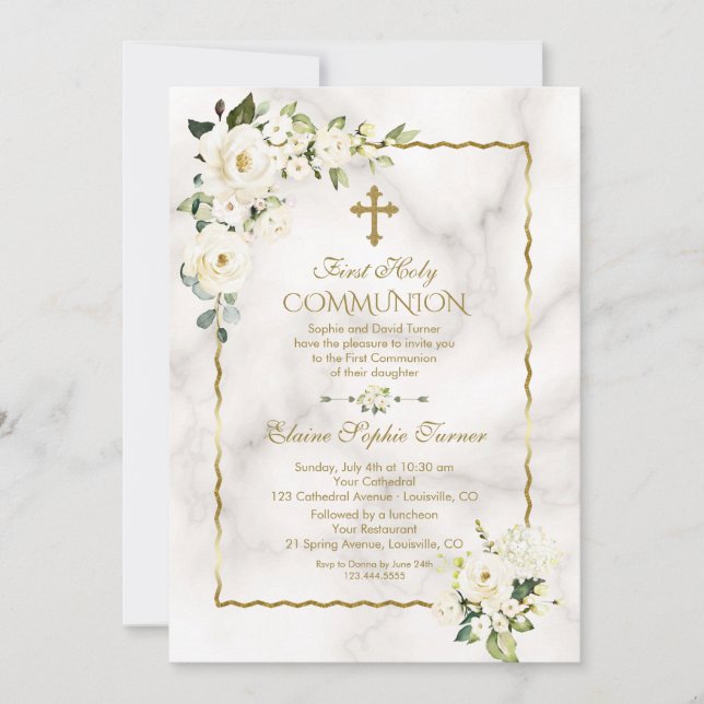 Invitación Charm White Flowers Oro Primero Santa Comunión (Anverso)