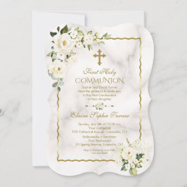 Invitación Charm White Flowers Oro Primero Santa Comunión