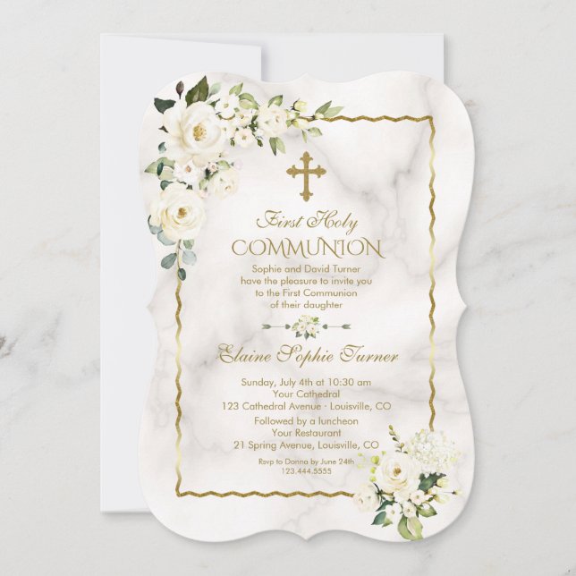 Invitación Charm White Flowers Oro Primero Santa Comunión (Anverso)