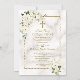 Invitación Charm White Flowers Oro Primero Santa Comunión