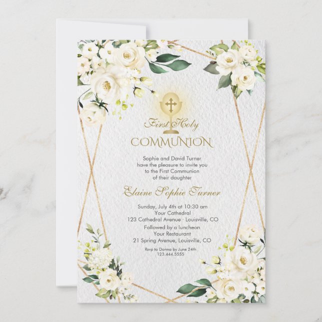 Invitación Charm White Flowers Oro Primero Santa Comunión (Anverso)
