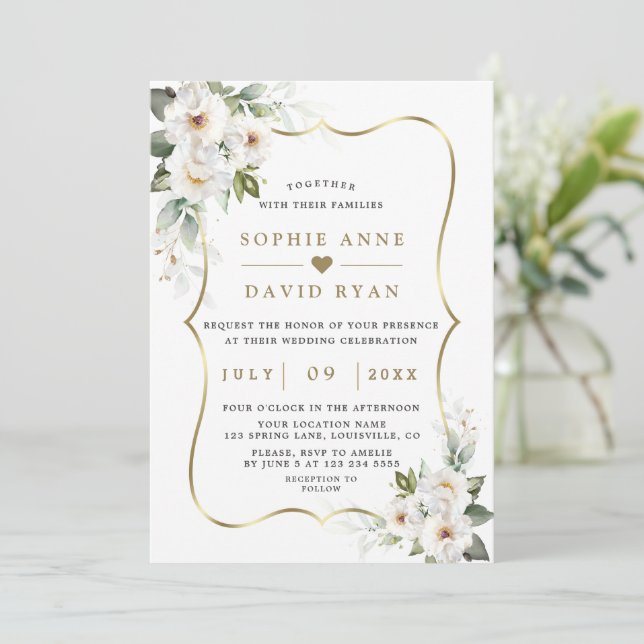 Invitación Charm White Flowers Rosa Gold Boda (Anverso de pie)