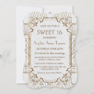 Invitación Charm White Gold Great Gatsby Art Deco Sweet 16