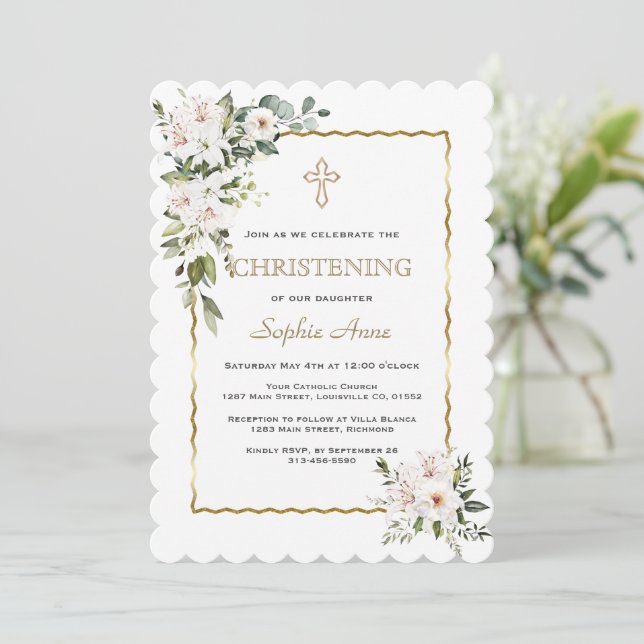 Invitación Charm White Lilies Rosa Chica de oro Christening (Anverso de pie)