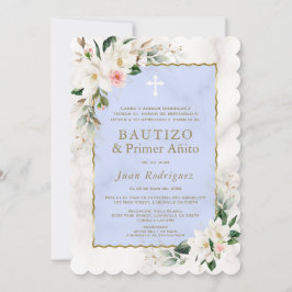 Invitación Charm White Magnolia Español Primer bautismo de cu