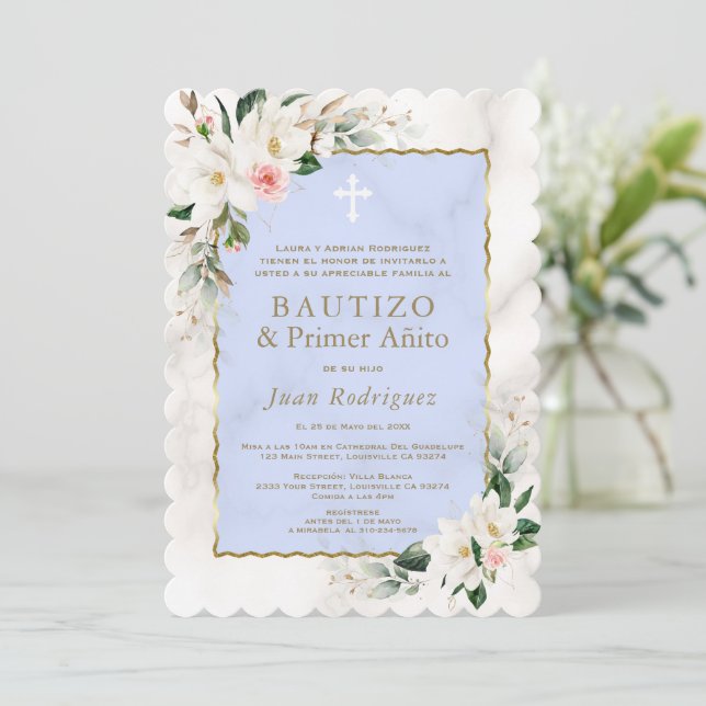Invitación Charm White Magnolia Español Primer bautismo de cu (Anverso de pie)