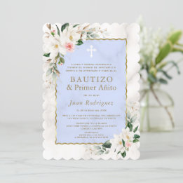 Invitación Charm White Magnolia Español Primer bautismo de cu