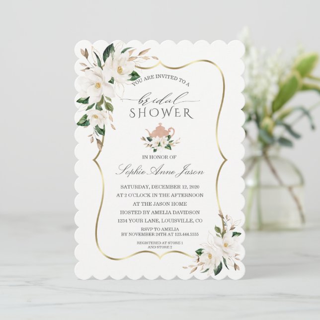 Invitación Charm White Magnolia Gold Floral Bridal Shower (Anverso de pie)