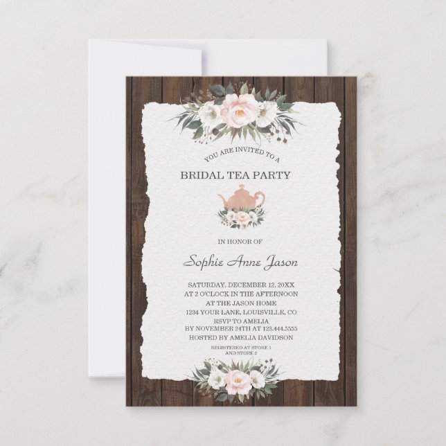 Invitación Charm White Pink Floral Wood Bridal Tea Party  (Anverso)