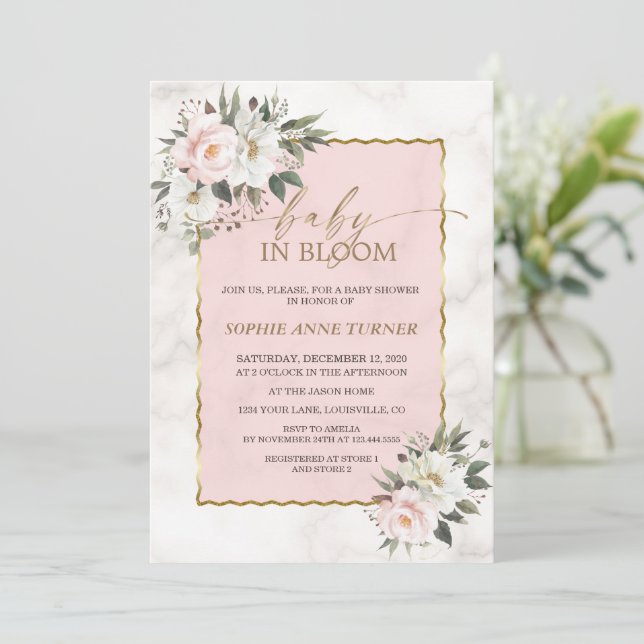 Invitación Charm White Pink Flowers Gold Baby in Bloom (Anverso de pie)