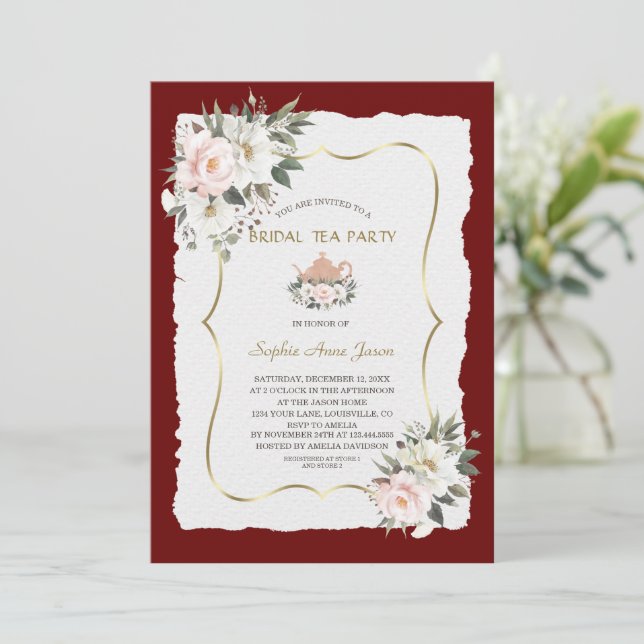 Invitación Charm White Rubor Floral Gold Bridal Tea Fiesta (Anverso de pie)