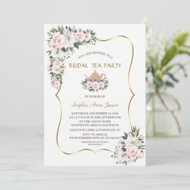 Invitación Charm White Rubor Flores Gold Bridal Tea Fiesta (Anverso de pie)