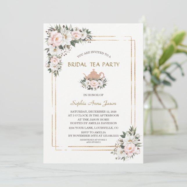 Invitación Charm White Rubor Flores Gold Bridal Tea Fiesta I (Anverso de pie)
