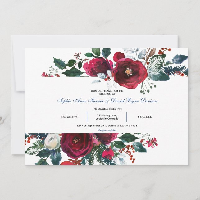 Invitación Charm Winter Burgundy Floral Pine Frame Boda (Anverso)