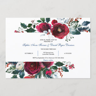Invitación Charm Winter Burgundy Floral Pine Frame Boda
