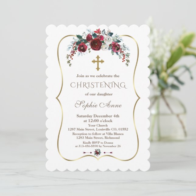 Invitación Charm Winter Burgundy Floral Pine Gold Christening (Anverso de pie)