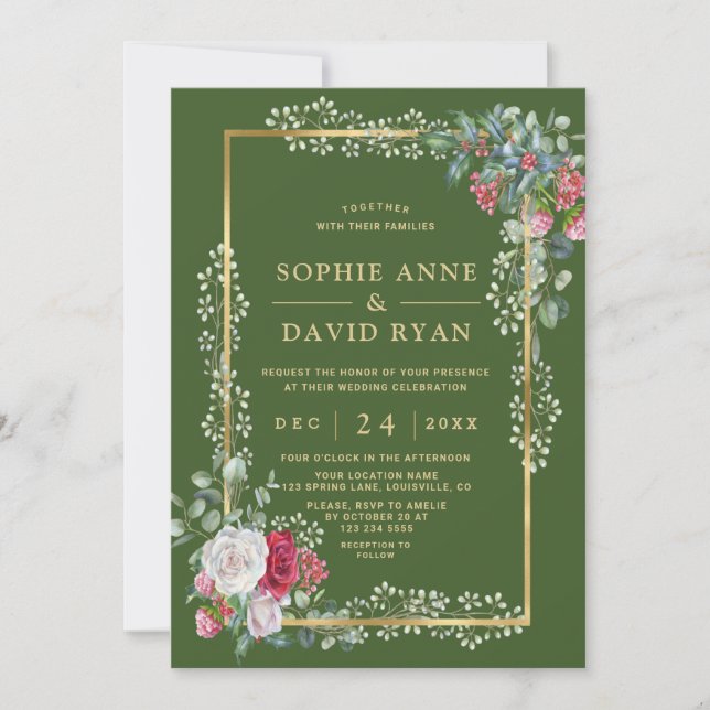 Invitación Charm Winter White Red Floral Green Gold Boda (Anverso)