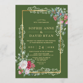 Invitación Charm Winter White Red Floral Green Gold Boda