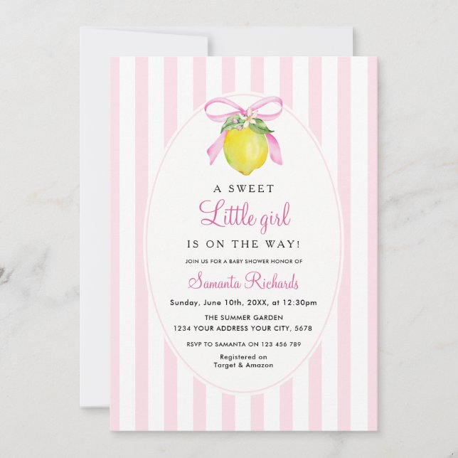 Invitación Charmante Fiesta de Bebé Rosa Limón (Anverso)