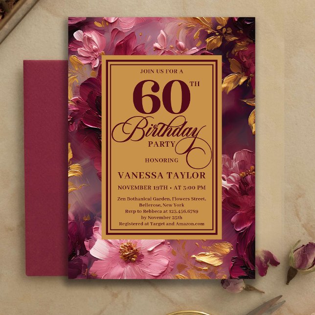 Invitación Charming 60th Birthday Burgundy Roses Gold Invite (Charming 60th Birthday Burgundy Roses Gold Invitation)