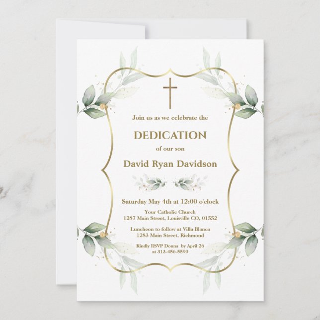 Invitación Charming Airy Greenery Gold Cross Dedication  (Anverso)