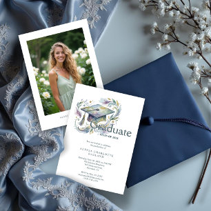 Invitación Charming Blue and Green Shades Cap Graduation