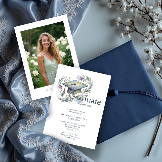 Invitación Charming Blue and Green Shades Cap Graduation (Charming Blue and Green Shades Watercolor Effect Graduate Cap Graduation Invitation Card Design.)