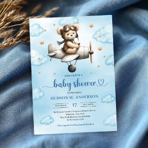 Invitación Charming Blue Brown Teddy Bear Pilot Baby Shower 